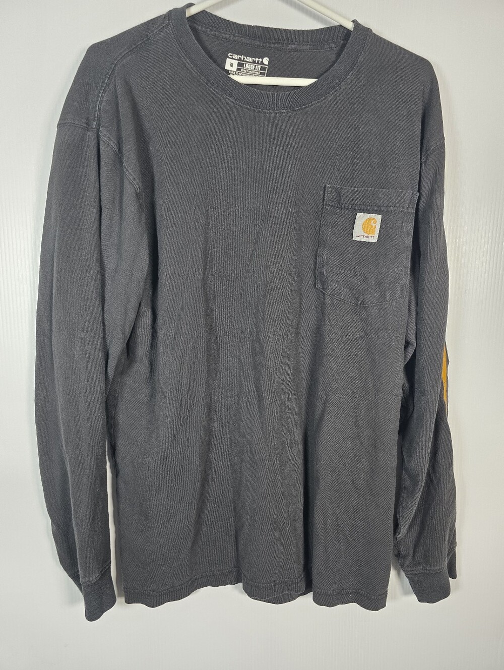 Carhartt Men's Black Long-Sleeve Pocket Tee with Yellow Logo Detail Workwear M